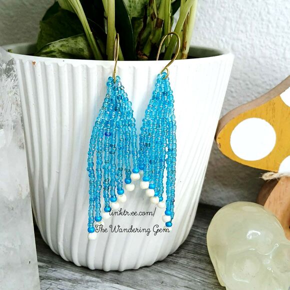 Blue & White Beaded Fringe Cascade Shoulder Duster Dangle Earrings, 3.5" - Picture 1 of 6